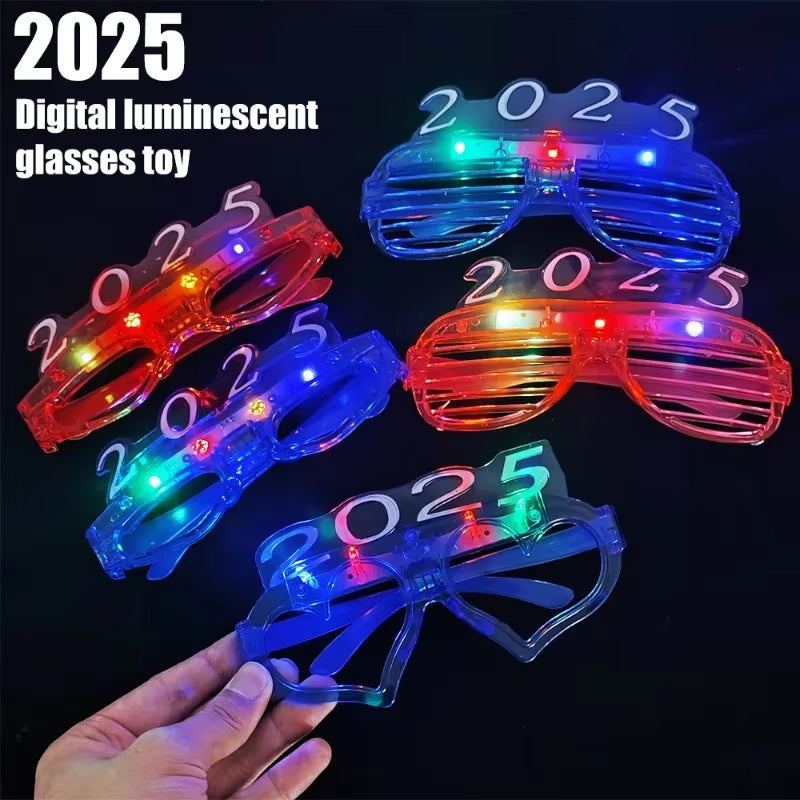 1/5PCS 2025 Neon Glasses LED Lights up Flashing Christmas Mardi Glasses Kid Toys for New Year Xmas Party Luminous Decorations