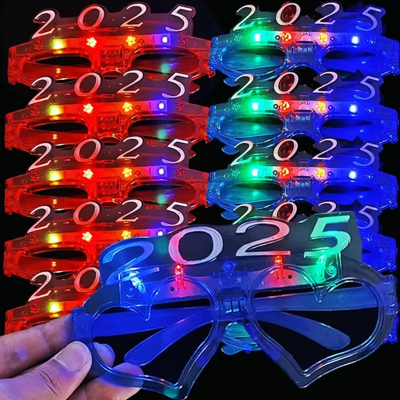 1/5PCS 2025 Neon Glasses LED Lights up Flashing Christmas Mardi Glasses Kid Toys for New Year Xmas Party Luminous Decorations